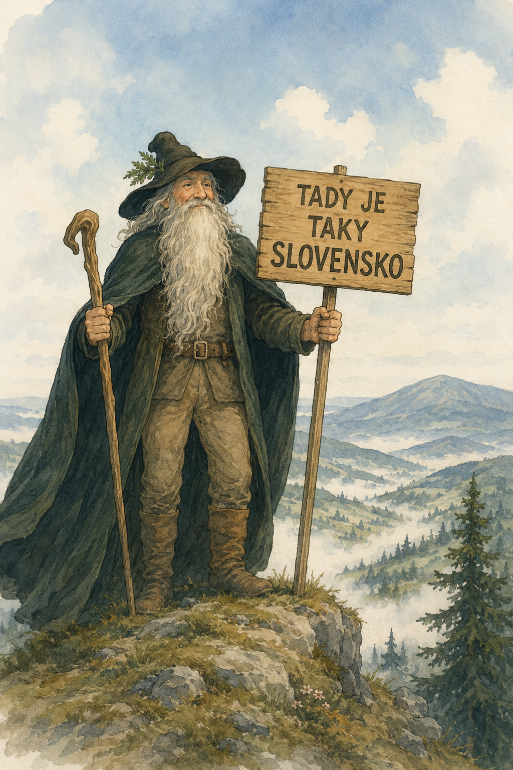 Krakonoš stojí na hoře s cedulí: Tady je taky Slovensko